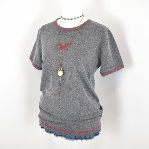 VTG 00s Y2K STEELHEAD Gray Rib Knit Red Dragon Print Short Sleeve T-Shirt Sz S - Picture 2 of 6